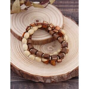 3pcs/Set Natural Shell And Wood Beaded Elastic Bracelets For Beach Vacation